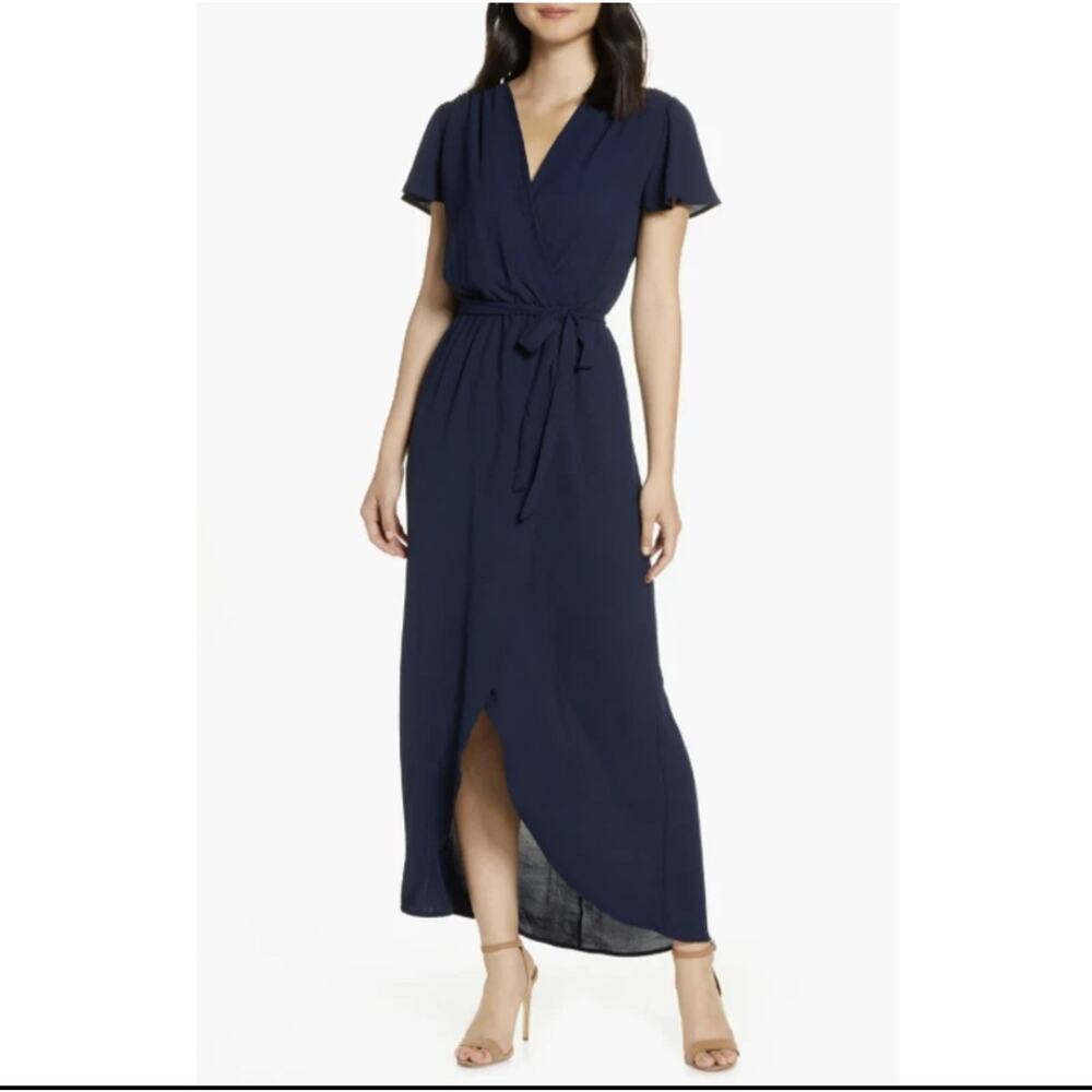 Fraiche by J Navy High Low Faux Wrap Maxi Dress Size Medium
